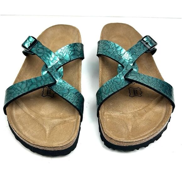 NWB Birkenstock Birki’s Sylt Metallic Turquoise Croc Embossed Sandals 38 US 7 - Picture 4 of 14